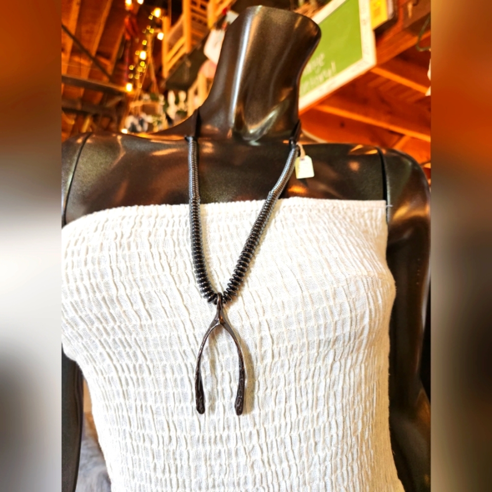 Hematite Beaded Necklace w/ Black Wishbone Pendant & Leather - Unisex